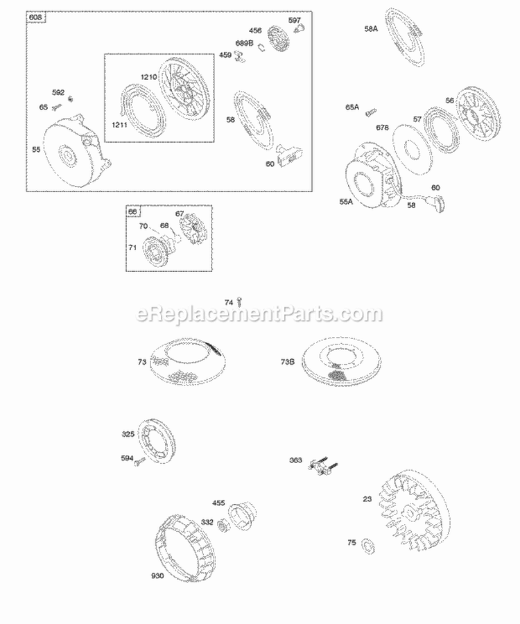Flywheel Rewind Starter Diagram and Parts List for  Briggs and Stratton Engine